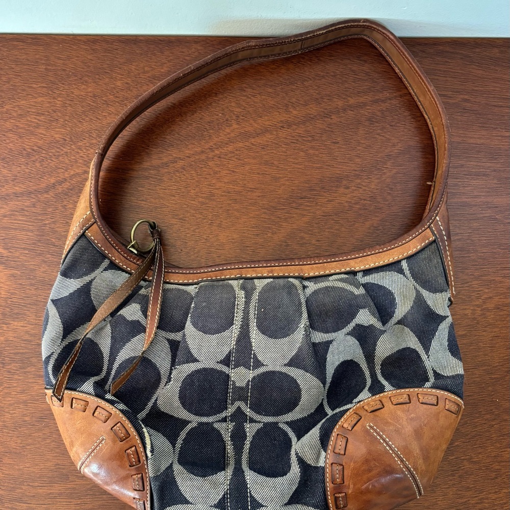 Coach Signature Denim and Leather Hobo Bag